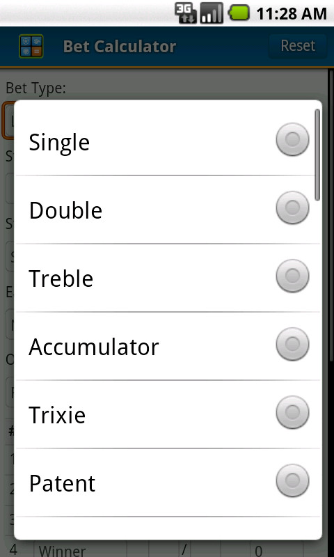 Bet Calculator showing returns calculation for a single bet with stake and odds fields.