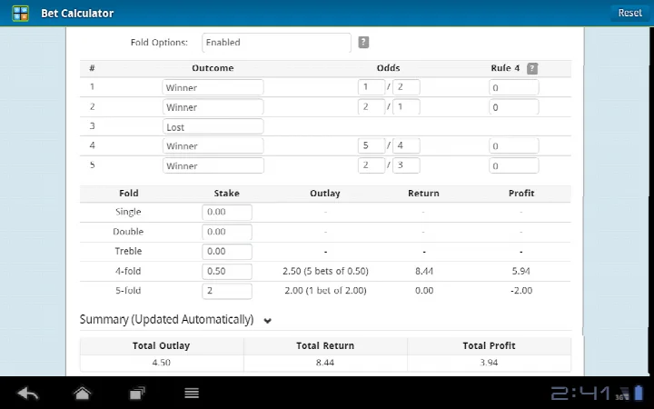 Bet Calculator showing results for a Patent bet, including singles, doubles, and treble returns.