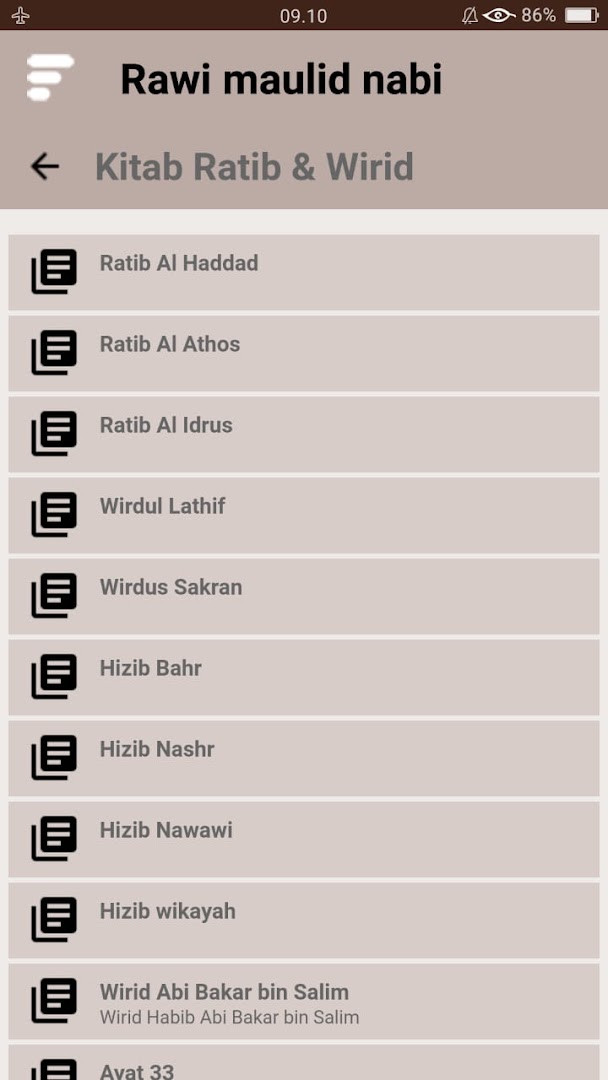 Dhikr Ratib and Hizib section with prayer list