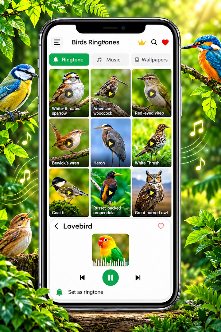 Birds Sounds one-tap reset screen for ringtone, alarm, and notification tones