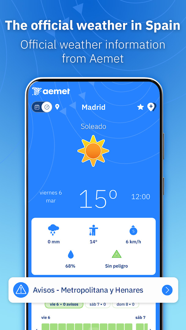 Home screen with current temperature and daily forecast for a Spanish city