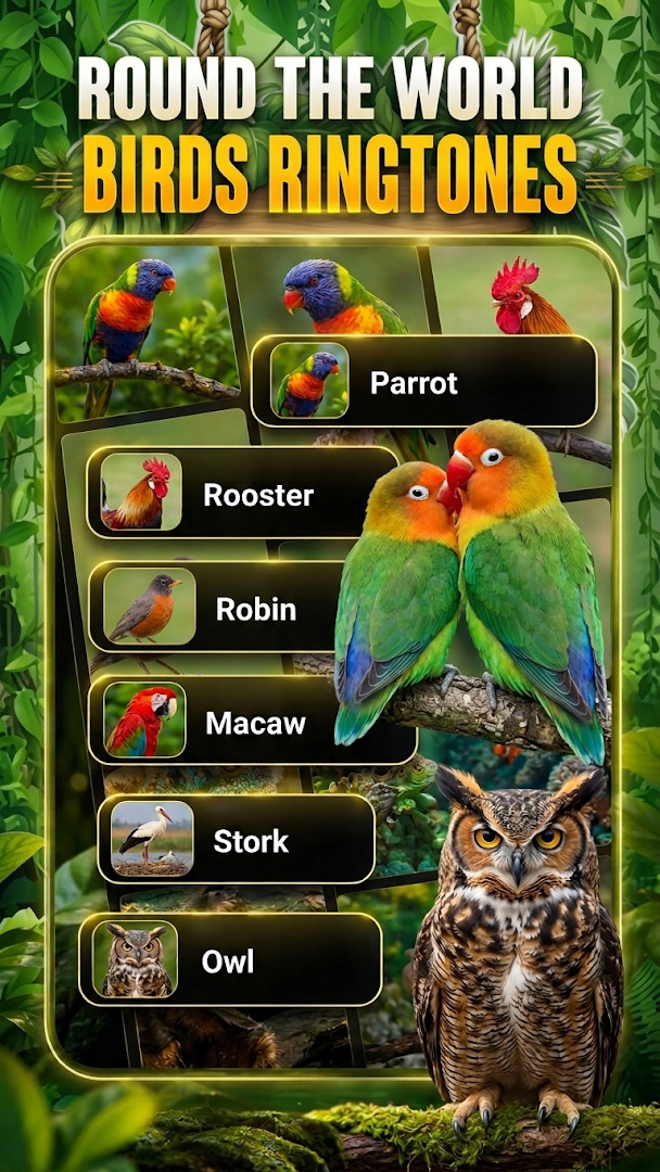 Birds Sounds bird info screen showing name, pronunciation, and details