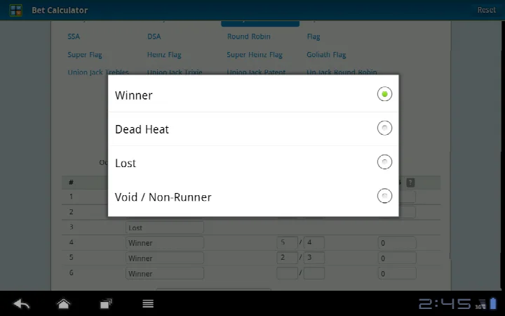 Bet Calculator interface on a tablet with odds conversion for decimal, fractional, and American formats.