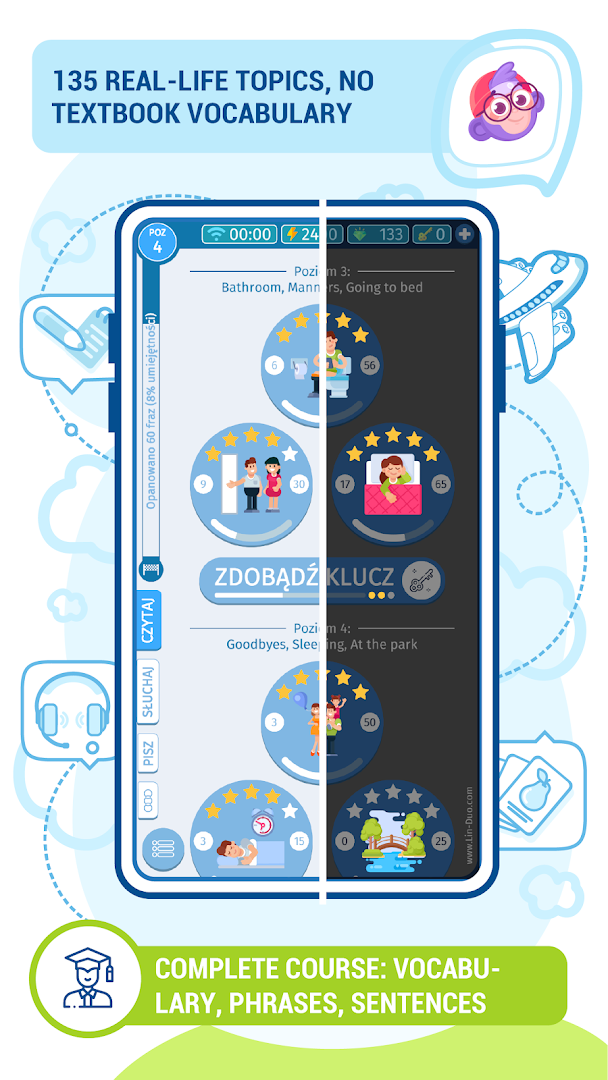 LinDuo - Speak Languages vocabulary lesson with 18,000+ words, including read, listen, and write options.