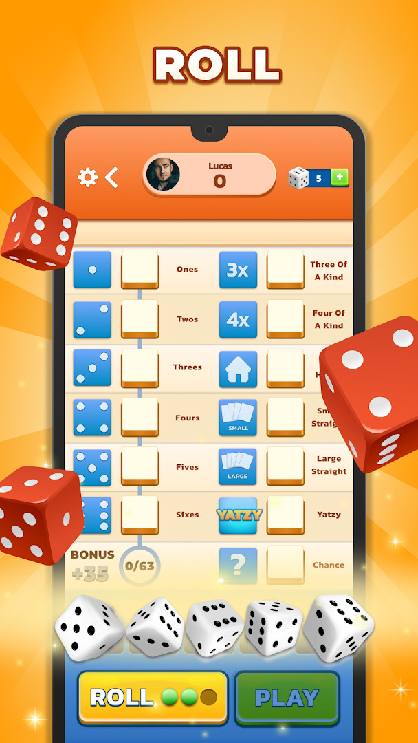 Yatzy - Fun Classic Dice Game play mode menu with Solo, Two-Player and Three-Player options