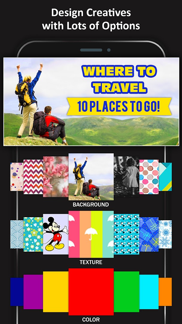 Thumbnail and Cover Maker displaying a Facebook cover design with customizable backgrounds and fonts