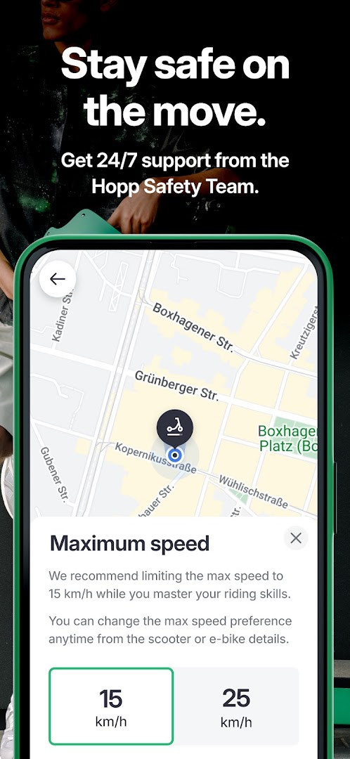 Hopp: Rent a scooter Safety Toolkit with beginner mode and riding tutorial