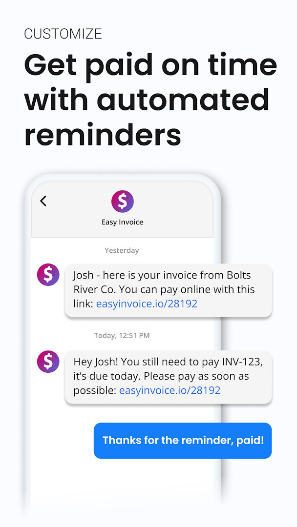 Easy Invoice & Estimate Maker payment options screen offering card, transfer, or cash choices