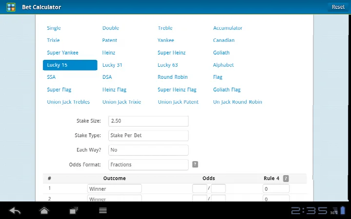 Bet Calculator showing Lucky 63 bet breakdown with number of bets and total stake.