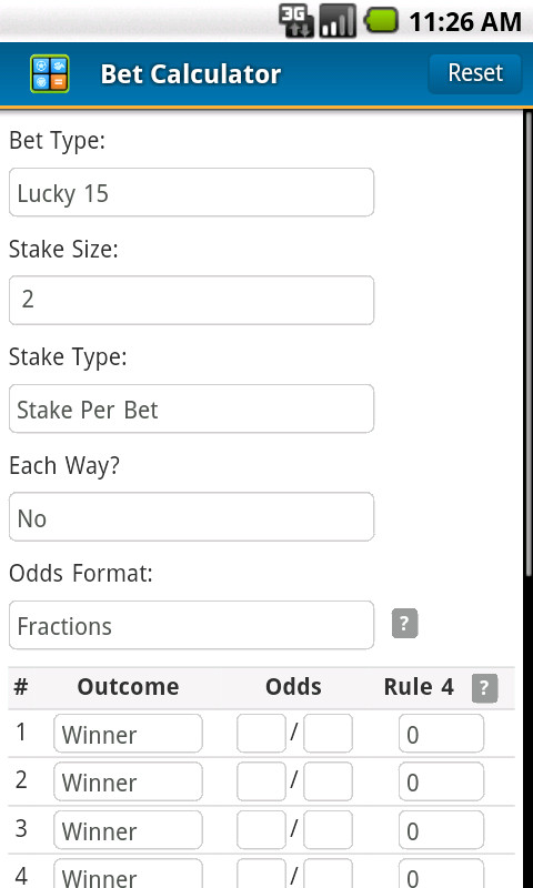 Bet Calculator listing bet types including accumulator, Lucky 15, and Trixie options.
