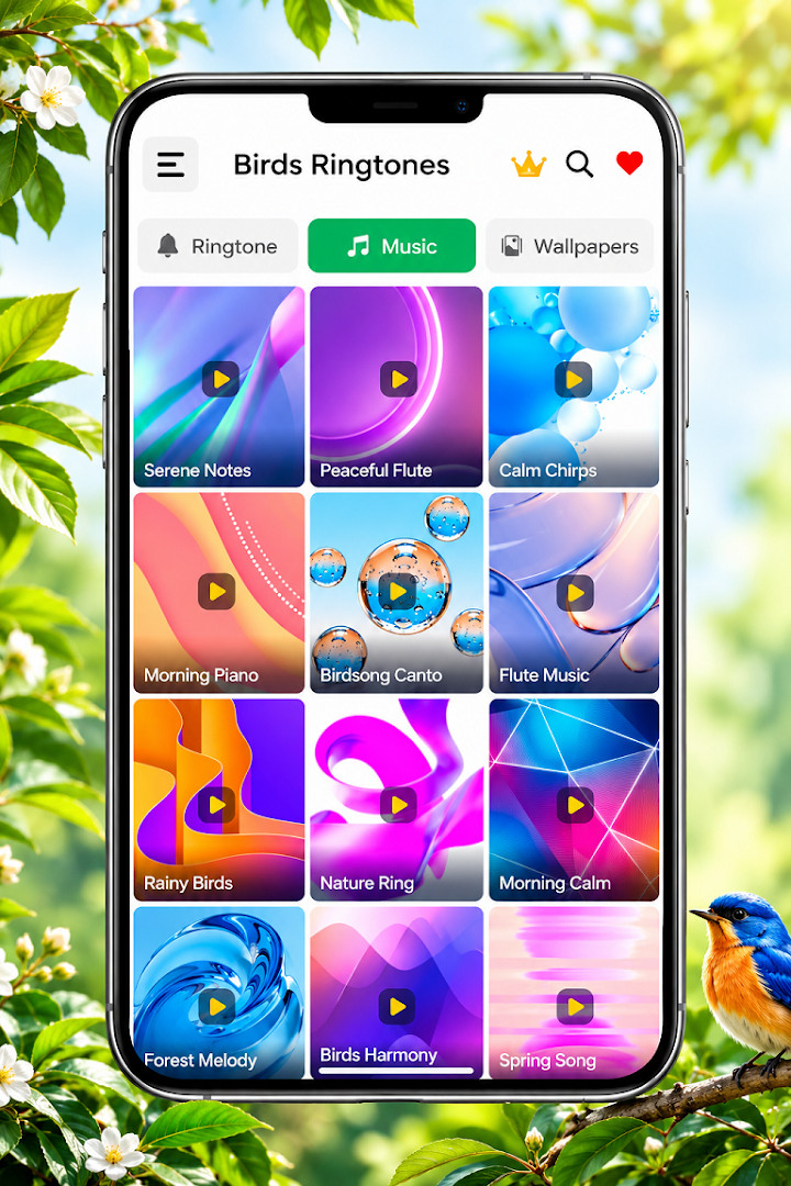 Birds Sounds light theme screen displaying a list of bird songs