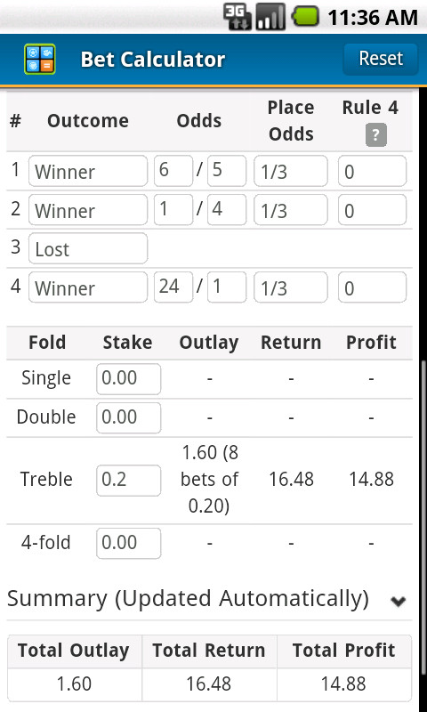 Bet Calculator displaying each way betting selections with place terms for a horse race.