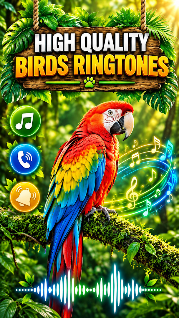 Birds Sounds screen to set a bird sound as ringtone, alarm, or notification
