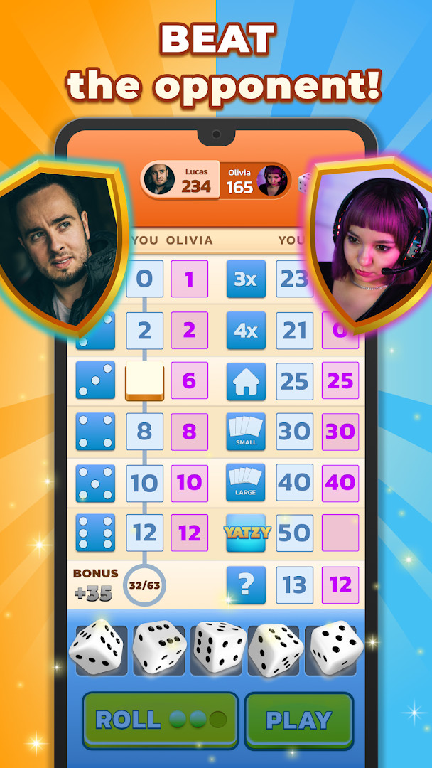 Yatzy - Fun Classic Dice Game special features screen with Bonus Rolls and Restart Turns