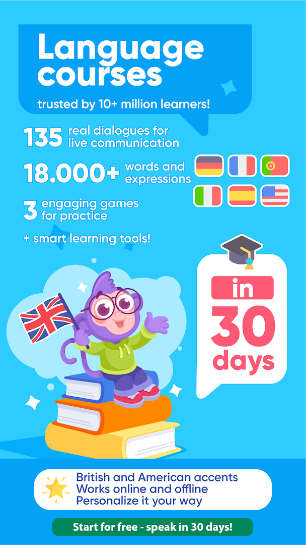 LinDuo - Speak Languages home screen showing 135 real-life topics for learning English, German, French and more.