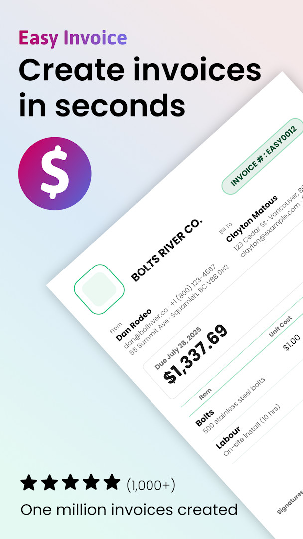 Easy Invoice & Estimate Maker home screen with invoice list and payment status indicators