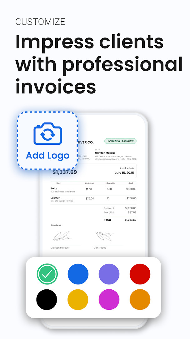 Easy Invoice & Estimate Maker invoice creation form with item lines and client details